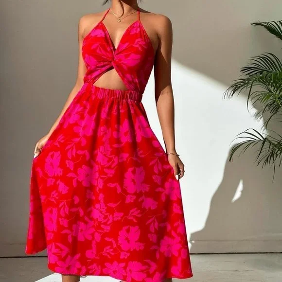 Allover Floral Print Twist Front Halter Dress - Picture 4 of 5